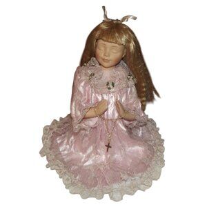 Praying Girl Doll 12 in Porcelain Cross necklace pink lace dress kneeling pretty